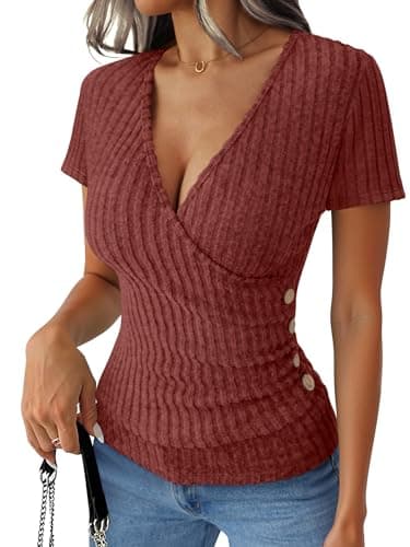 ANRABESS Womens Tops Short Sleeve V Neck Sexy Ribbed Knit Slim Fit Lightweight Sweater 2026 Summer Dressy Casual T-Shirts Medium Rust Orange - Image 1