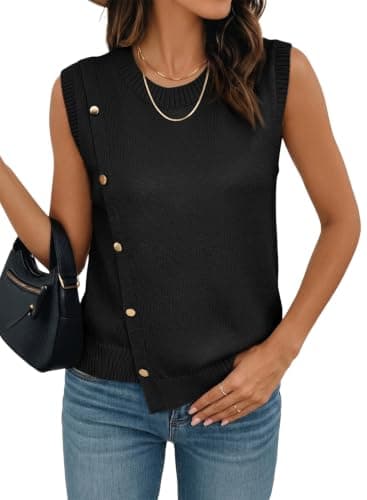 Pink Queen Solid Color Sweater Vest Women Crew Neck Button Decoration Irregular Hem 2026 Trendy Fall Winter Fashion Knitted Sleeveless Tops Soft Cozy Stretchy Layering Clothes Black L - Image 1