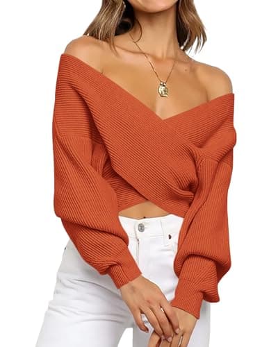 BTFBM Off The Shoulder Sweater for Women Winter Fall Fashion 2026 V Neck Long Sleeve Ribbed Knit Wrap Cropped Sweaters(Brown, X-Large) - Image 1