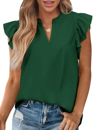 Zenlonr Womens Summer Tops 2026 Casual V Neck Ruffle Cap Sleeve Blouse Shirts Solid Color Tunic Tops(Dark Green,X-Large) - Image 1