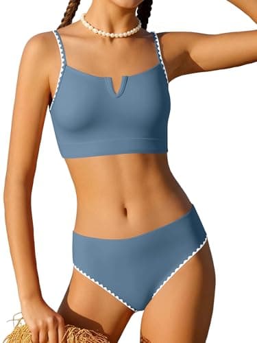 Girls Swimwear Color Block Padded Adjustable Strap Bikini High Waisted Bottom Set Summer Bathing Suit Cover Up 7-16T (Grey, 11-12 Years - Image 1