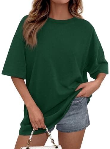 PRETTYGARDEN Womens 2026 Spring Going Out Tops Casual Short Sleeve Crewneck Loose Fit Basic Oversized T Shirts Summer Outfits (Dark Green,Large) - Image 1