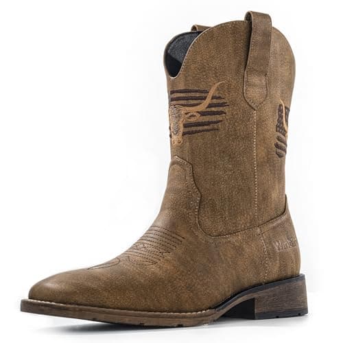 MacePhenoMelon Square Toe Cowboy Boots for Men Classic Western Boots Black Men's Pull On Retro Chunky Short Country Boots UBR-11.5 - Image 1