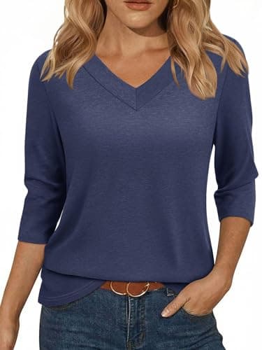 YESTTO Womens Tops 3/4 Sleeve V Neck Tunic Tops Casual Loose Fit Shirts Soft Lightweight Blouses Summer Dressy Basic Tees Purplish Blue - Image 1