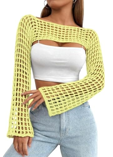 Mincib Womens Crochet Shrug Y2K Hollow Out Bolero Shrug See Through Cropped Knit Sweater Top(Light Yellow,M) - Image 1