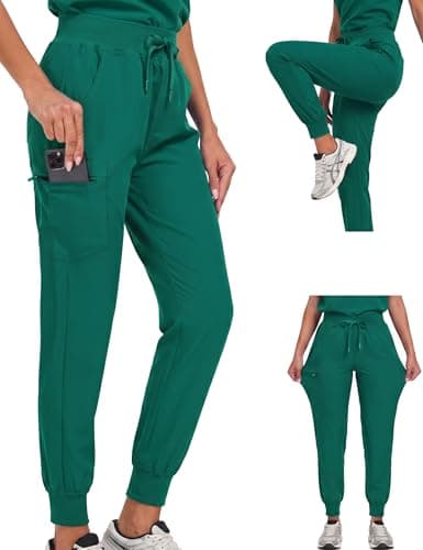 VECARDI Women's Scrub Jogger Pants High Waisted Stretch Nurse Work Bottoms 5 Pockets Elastic Waist Slim Fit Hunter Green