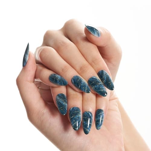 GLAMERMAID Dark Green Marble Press on Nails Medium Almond, Dark Blue Ombre Gel Glue on Nail, Deep Green Short Stiletto Reusable UV Finish Emo Fake Nail, Acrylic Oval False Nails Manicure Kit for Women - Image 1