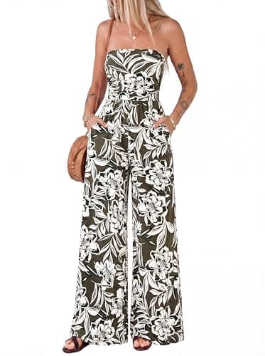 BTFBM Jumpsuits For Women Casual 2026 Floral Strapless Jumpsuit Wide Leg Rompers Beach Vacation Clothes Summer Outfits(Floral Army Green Beige, X-Large) - Image 1