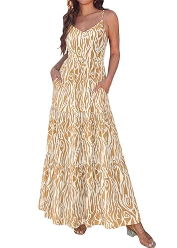 KIRUNDO Maxi Dresses for Women Summer Boho Floral Beach Vacation Sundress Spring Wedding Guest Dress Flowy Cruise Resort Wear(Khaki, Medium) - Image 1