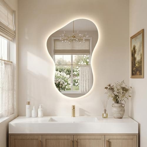 PIUDOC 20×32 Irregular Backlit Mirror Asymmetrical Bathroom Mirror with Lights LED Dimmable Mirror for Bathroom Makeup Area - Image 1