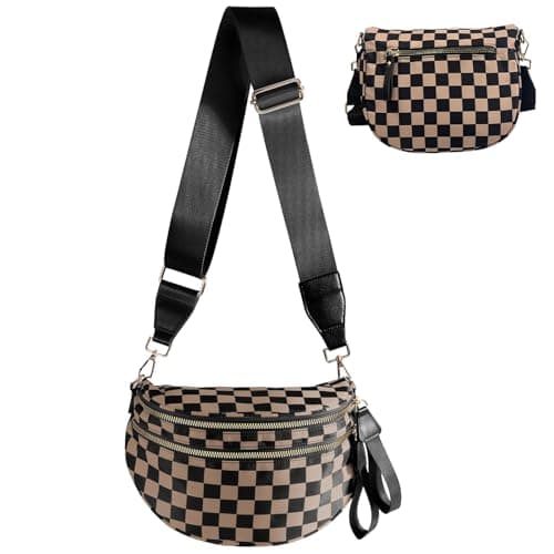 Checkered Crossbody Bag Bum Bags for Women Nylon Checkered Purse Large Fanny Packs Sling Bag Handbag Cross Body Bags - Image 1