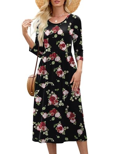 Heymoments Women Dresses Midnight Red Rose Small Crewneck 3/4 Sleeves Wedding Guest A line Casual Flowy Swing Party Vintage Spring Fall Winter Travel 2026 Long Midi Dress with Pocket - Image 1