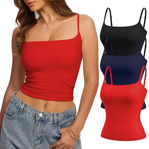 Missclub 3 Pack Crop Tank Tops for Women Double Lined Square Neck Going Out Outfits Spaghetti Strap Red Tank Top Woman XS - Image 1