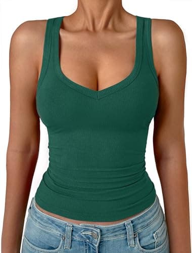 GKBK Womens Sleeveless Tank Top Form Fitting Spaghetti Strap V Neck Ribbed Knit Workout Lounge Basic Slim Fitted Crop Summer 2025 Cami Layering Casual Shirts Dark Green S - Image 1