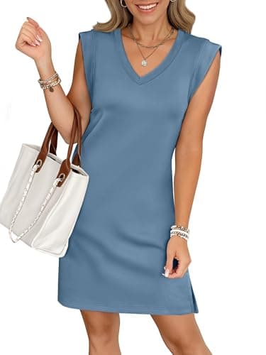 ANRABESS Summer Dresses for Women Casual V Neck Sleeveless Split Wrinkle-Free Mini Tank Dress Beach Vacation Short Sundress Grey Blue X-Large - Image 1