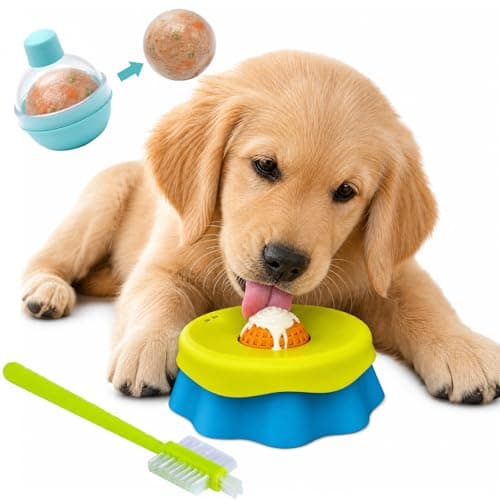 Dog Licking Bowl with Rolling Ball for Liquid Treats, Anti Slip Slow Feeder Dog Bowls with Ice Ball Mold & Clean Brush, Enrichment Puzzle Toy for Small and Medium Dogs