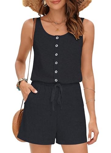MISFAY Women Sleeveless Romper Button Scoop Neck Jumpsuit Pocket BK - Image 1