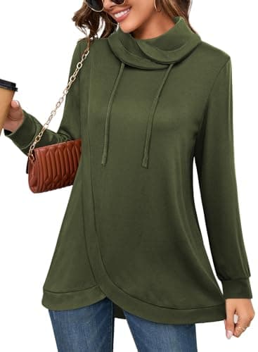Bulotus Oversized Sweatshirt for Women Long Sleeve Cowl Neck Loose Fit Tops Drawstring Pullover Long Tunics for Jeans Older 2025 Fall Casual Comfy Army Green XXL - Image 1