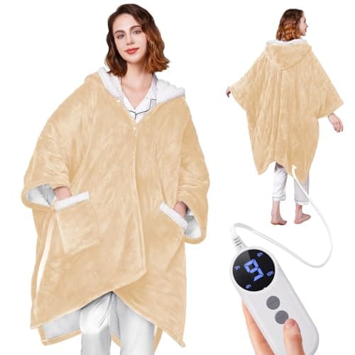 Yokimisu Wearable Heated Blanket - Cozy Gift for Women, Mom, Men| Reversible Flannel & Sherpa Electric Robe with Pockets & Hood, 9 Heat Levels, 2-10H Timer, ETL Safe, Machine Wash, 50"x70" Yellow - Image 1