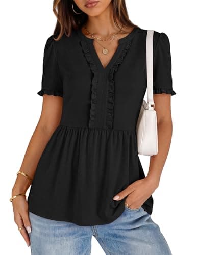 MEROKEETY Women's Summer Peplum Tunic Blouse 2026 Babydoll Tops Ruffle Short Sleeve V Neck Casual Loose T Shirts, Black, X-Large - Image 1