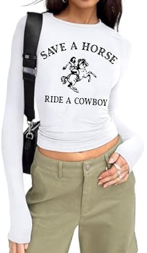 Tewmeu Cowgirl Outfits for Women Western Country Concert Graphic Crop Tops Rodeo Cropped Tight Long Sleeve Shirts - Image 1