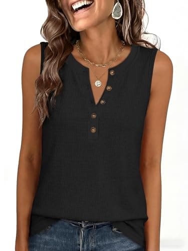ANRABESS Womens Tank Top Waffle Knit Sleeveless Henley Shirts 2026 Summer Loose Button Up V Neck Dressy Casual Tops Clothes Black Medium - Image 1