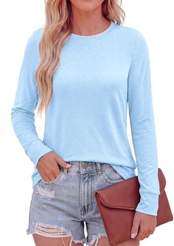 PRETTYGARDEN Long Sleeve Tshirts Shirts for Women Clothing Fall Fashion 2026 Basic Cotton Tees Casual Blouses Winter Tops (Light Blue,X-Large) - Image 1
