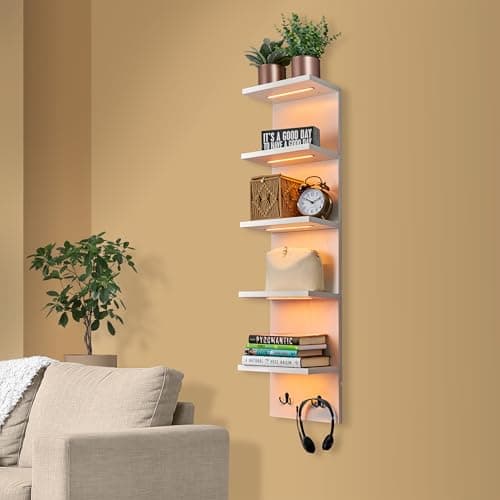 Sorbus LED Light Display Shelf - Vertical 5 Tier Wall Shelf Unit with 2 Hooks, Column Utility Shelving for Home Decor, Wall-Mounted Floating Shelves for Bathroom, Bedroom, Vanity, Figurine Display - Image 1