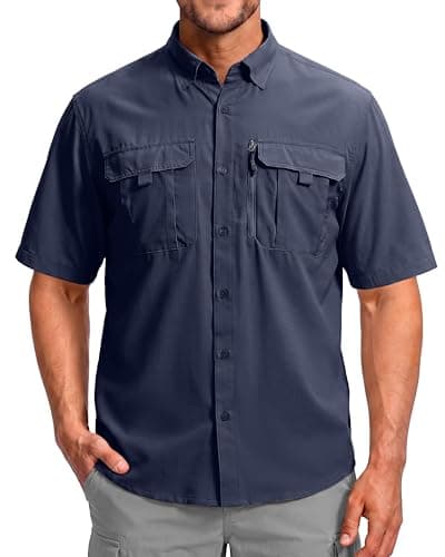 BETBO Men's Short Sleeves Fishing Shirts Button Down Summer Travel Work Shirts with Zipper Pockets(Navy, Medium) - Image 1