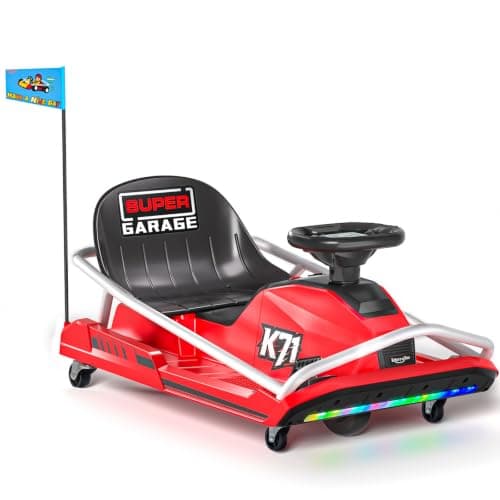 KerryYoo K71 24V7AH Electric Drift Kart for Kids Ages 6-12, 300W Brushless Motor Go Kart with 12 MPH Max Speed, High/Low Speed Modes, 360° Drift Ride On Crazy Kart, 130 lbs Capacity - Red