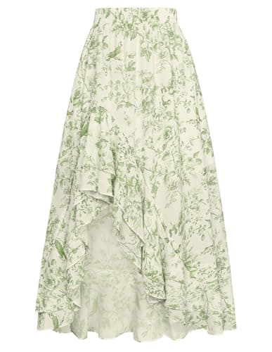 Women's Floral Maxi Skirts High Waist Summer Boho Flowy Ruffle Long Skirt with Pockets Green Floral S - Image 1