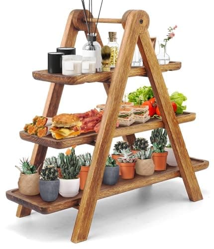 Manspdier Wood 3 Tier Serving Tray Three Tiered Cupcake Stand, Rectangle Serving Platter Wooden Farmhouse Tiered Tray, Party Serving Brown Decorative Tray Decor - Image 1