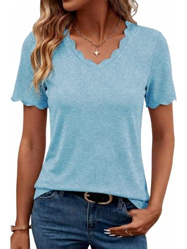 Humordream Womens Short Sleeve Tops Scalloped V Neck Dressy Casual Summer Trendy T Shirts Basic Tee Sky Blue - Image 1