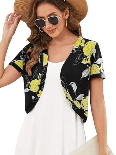 Heymoments Women's Short Sleeve Shrugs Floral Medium Lightweight V-Neck Open Front Cropped Cardigan Knitted Bolero Sweaters Elegant Dresses Cover Up - Image 1