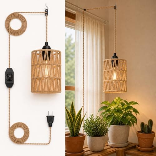 DKCONONY Rattan Pendant Light Plug in - Dimmable Boho Hanging Lamp 15FT Hemp Rope Cord with LED Bulb, Hand Woven Wicker Lampshade for Bedroom Living Room Farmhouse Decor, 5.9" Cylinder - Image 1