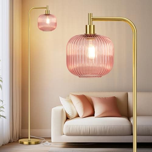 QiMH Glass Floor Lamp for Living Room, 67” Modern Standing Lamp with Pink Ribbed Glass Lampshade Pedal Switch Tall Lamp for Bedroom, Brushed Gold (2700K LED Bulb Included) - Image 1