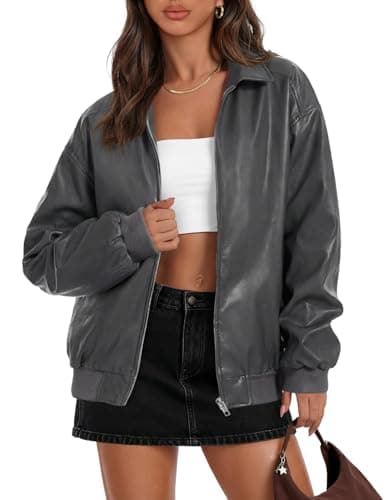 MEROKEETY Women's Winter Spring Oversized Faux Leather Jacket 2026 Fall Zip Up Motorcycle Coats Fashion Outfits Clothes, Grey, Small - Image 1