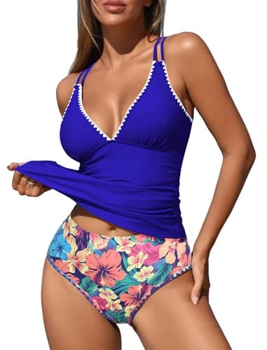 ZAFUL Two Piece Swimsuit for Women Modest Swimsuits for Women Floral Print Two Piece Bathing Suits Tummy Control Ruched Tankini 50s Retro Tankinis (Royal Blue Bloom XXL) - Image 1
