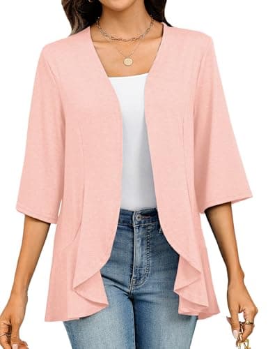 Totatuit Women's Summer Lightweight Cardigan 3/4 Sleeve Open Front Pink Cardigans Sweaters Loose Light Jackets - Image 1