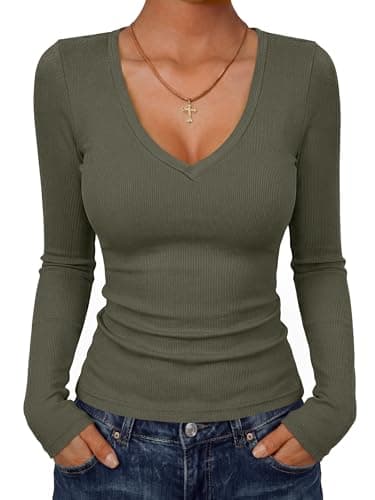 ANRABESS Women's Long Sleeve Deep V Neck Tops Army Green X-Small