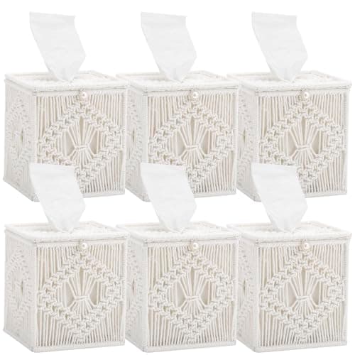 Macrame Tissue Box Cover, 6 Pack Square Boho Decor Tissue Holder, Handmade Woven Cotton Rope Organizer with Open Bottom for Bedroom, Bathroom, Living Room, Office - Ivory - Image 1
