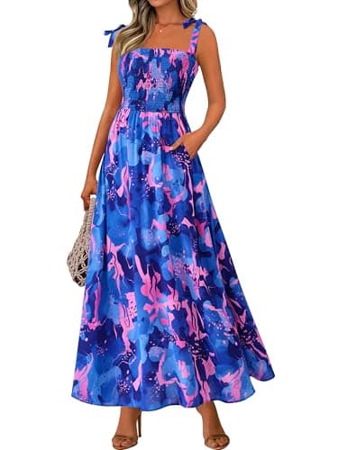 PRETTYGARDEN Womens Summer Dresses Floral Sleeveless Smocked Maxi Dress Boho Spaghetti Strap A Line Flowy Beach Long Sundress(Royal Blue,Medium) - Image 1