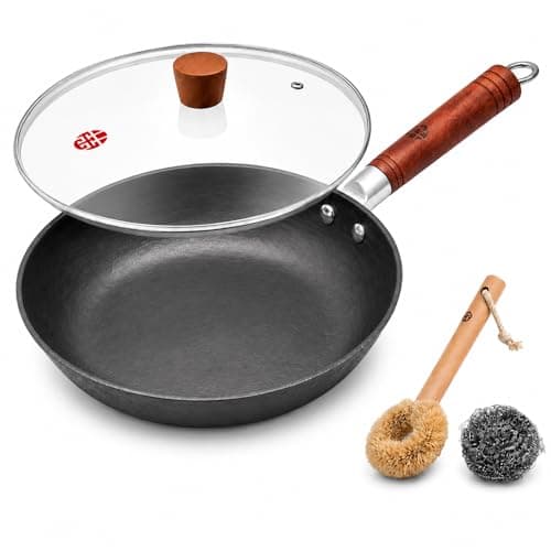 WANGYUANJI 10.2-Inch Cast Iron Skillet with Glass Lid, Uncoated Frying Pan with Flat Bottom for Induction, Gas & Electric Stovetops, Small Egg Pan for Breakfast, Steak & Sautéing - Image 1