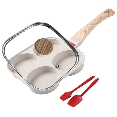 Foorey Home Egg Pan 4 Cup Nonstick Frying Omelette Pan with Lid for Breakfast Skillet for Eggs Pancake with 1 Spatula 1 Brush White - Image 1