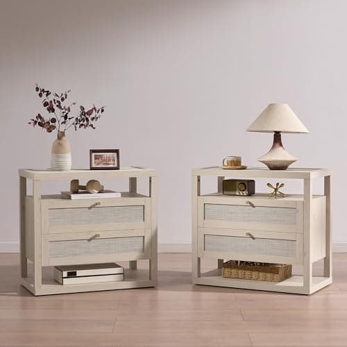 Rattan Nightstand Set of 2, Large Boho Bedside Table with 2 Drawers and Open Shelf, Light Oak Wooden End Table for Bedroom, Modern Farmhouse Accent Side Table - Image 1