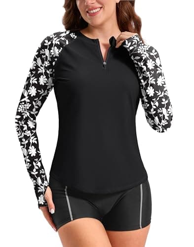 Viodia Womens Swim Shirt UPF50+ Rash Guard Long Sleeve Swimsuit Top Sun Protection Shirts Bathing Suit with Zipper Black Flower XS - Image 1
