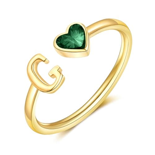 GLEZZA Graduation Gifts-Initial Rings for Women 14K Gold Plated Birthstone Rings Stackable Dainty Letter Rings Christmas Birthday Birthstone Jewelry Gifts for Mother Daughter,Adjustable Size - Image 1