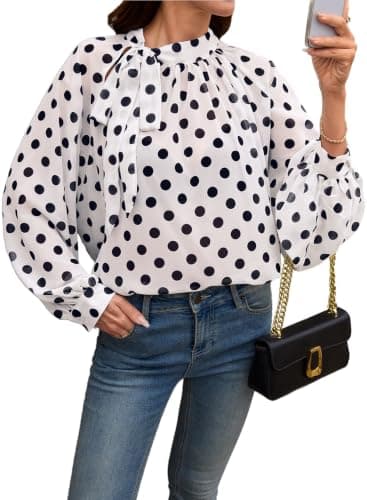 Dokotoo Womens Tops Casual Polka dot Shirt Tie Neck Long Lantern Sleeve Blouses Babydoll Cute Summer Sexy Mesh Tops for Women Resort Wear Plus Size Shirts Black Medium - Image 1