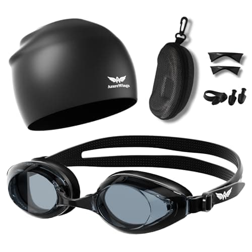 AzureWings Swim Goggles + Swim Cap Women Men Adult Kit, Anti-Fog UV No Leak - Upgraded HD Racing Goggles Swimming for Men & Women, Black-Smoke + Cap