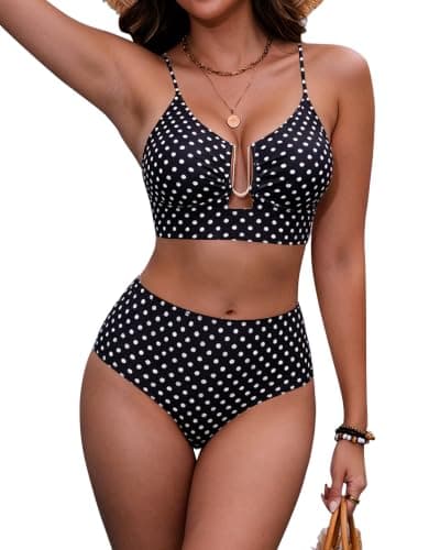 HORISUN Women High Waisted Tummy Control U-Wire Cutout Polka Dots Printed Bikini 2 Piece Crisscross Back Lined Beach Swimsuit XXL - Image 1